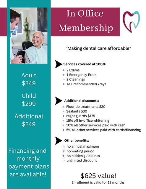 New York Dental Group offers In Office Membership to aid with payment at Vestal, NY office.